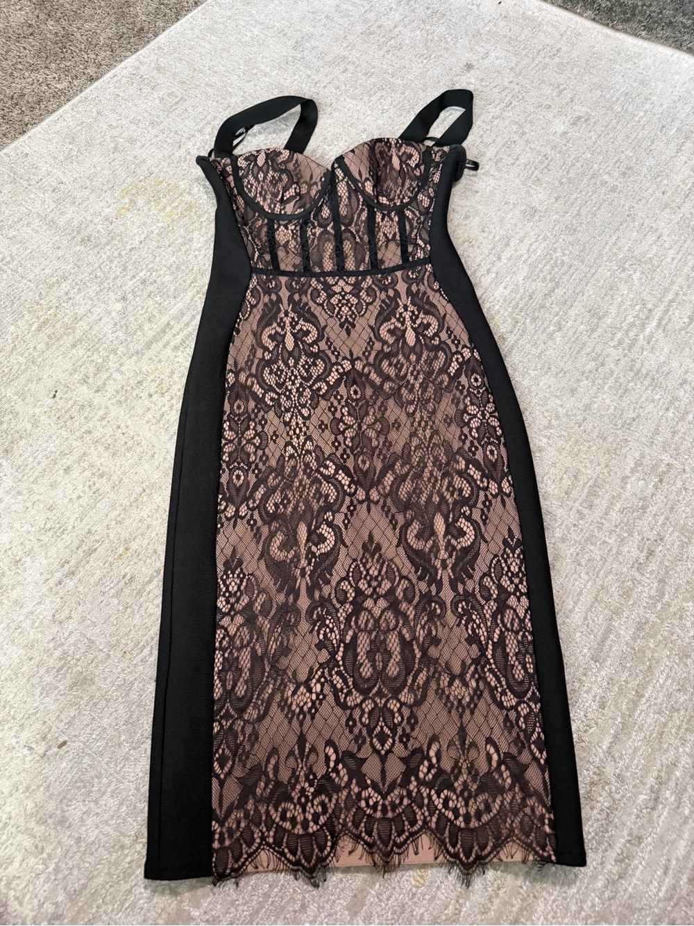 Black Lace-Trimmed Nude Midi Dress